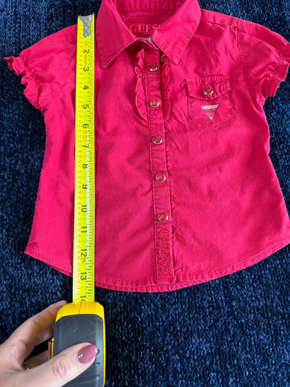 GUESS Girls Red Ruffle Button Down Shirt Rhinestone Logo Size 3T - Picture 7 of 8